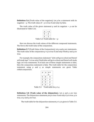 264
Definition 5.6 (Truth value of the negation). Let p be a statement with its
negation ∼ p. The truth value of ∼ p is true if and only if p false.
The truth value of the given statement p and its negation ∼ p can be
illustrated in Table 5.16.
p ∼ p
T F
F T
Table 5.2: Truth table for ∼ p
Here we discuss the truth values of the different compound statements.
The first is the truth value of the conjunction.
Definition 5.7 (Truth Value of the Conjunction). Let p and q are statements.
The truth value of the conjunction p ∧ q is true if and only if both p and q are
true.
For example, the conjunction statement “ John will go to school and Daniel
will study logic” is true only if both John will go to school and Daniel will study
logic are true statements. If at least one of these simple statements is false,
then the conjunction statement is false. The truth table for the conjunction
statement using p and q as simple statements are given Table
reftab:conjunction.
p q p ∧
q
T T T
T F F
F T F
F F F
Table 5.3: Truth table for p ∧ q
Definition 5.8 (Truth value of the disjunction). Let p and q are two
statements. The disjunction statement p∨q is true if and only if p is true, q is
true, or p and q are true.
The truth table for the disjunction statement p ∨ q is given in Table 5.4.
 