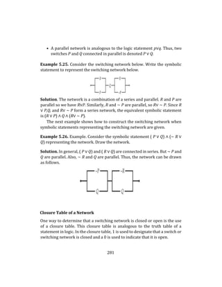 281
• A parallel network is analogous to the logic statement p∨q. Thus, two
switches P and Q connected in parallel is denoted P ∨ Q.
Example 5.25. Consider the switching network below. Write the symbolic
statement to represent the switching network below.
Solution. The network is a combination of a series and parallel. R and P are
parallel so we have R∨P. Similarly, R and ∼ P are parallel, so R∨ ∼ P. Since R
∨ P,Q, and R∨ ∼ P form a series network, the equivalent symbolic statement
is (R ∨ P) ∧ Q ∧ (R∨ ∼ P).
The next example shows how to construct the switching network when
symbolic statements representing the switching network are given.
Example 5.26. Example. Consider the symbolic statement ( P ∨ Q) ∧ (∼ R ∨
Q) representing the network. Draw the network.
Solution. In general, ( P ∨ Q) and ( R ∨ Q) are connected in series. But ∼ P and
Q are parallel. Also, ∼ R and Q are parallel. Thus, the network can be drawn
as follows.
Closure Table of a Network
One way to determine that a switching network is closed or open is the use
of a closure table. This closure table is analogous to the truth table of a
statement in logic. In the closure table, 1 is used to designate that a switch or
switching network is closed and a 0 is used to indicate that it is open.
 