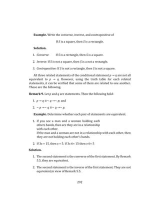 292
Example. Write the converse, inverse, and contrapositive of
If S is a square, then S is a rectangle.
Solution.
1. Converse: If S is a rectangle, then S is a square.
2. Inverse: If S is not a square, then S is a not a rectangle.
3. Contrapositive: If S is not a rectangle, then S is not a square.
All three related statements of the conditional statement p → q are not all
equivalent to p → q. However, using the truth table for each related
statements, it can be verified that some of them are related to one another.
These are the following.
Remark 9. Let p and q are statements. Then the following hold:
1. p → q ≡∼ q →∼ p; and
2. ∼ p →∼ q ≡∼ q →∼ p.
Example. Determine whether each pair of statements are equivalent.
1. If you see a man and a woman holding each
others hands, then are they are in a relationship
with each other.
If the man and a woman are not in a relationship with each other, then
they are not holding each other’s hands.
2. If 3x = 15, then x = 5. If 3x 6= 15 then x 6= 5
Solution.
1. The second statement is the converse of the first statement. By Remark
5.5, they are equivalent.
2. The second statement is the inverse of the first statement. They are not
equivalent,in view of Remark 5.5.
 