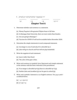 297
1. p ∨ q 2. p → q 3. p ∨ q 4. p → q q p q q → r
∴ p ∴ q ∴ p ∴ p → r
Chapter Test 6
1. Determine whether each sentence is a statement.
(a) Manny Paquiao is the greatest Filipino boxer of all time.
(b) In Batangas State University, there are more males than females.
(c) Are you going to Batangas ?
(d) Vaccines for COVID-19 will not be available before December 2020.
2. Determine the simple statements in each compound statement.
(a) An integer is even if and only if it is divisible by 2.
(b) John will go to church and Paul will not play basketball.
3. Write the negation of each statement.
(a) Juan is taller than Hazel.
(b) The color of the gate is blue.
4. Write each sentence in symbolic form. Represent each simple statement
in the sentence with the letter indicated in the parentheses.
(a) If an integer is divisible by 8 (p) then it is divisible by 4 (q).
(b) Neither John eats breakfast (p) nor he goes to school (q).
5. Write each symbolic statement as an English sentence. Use p,q,r,s,and t
as defined below.
(a) ∼ p → (p ∨ r)
(b) (r ∧ p) ↔ q
 