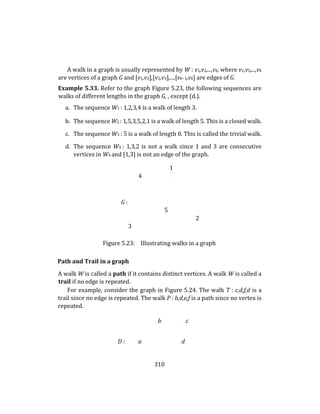 310
A walk in a graph is usually represented by W : v1,v2,...,vk, where v1,v2,...,vk
are vertices of a graph G and [v1,v2],[v2,v3],...,[vk−1,vk] are edges of G.
Example 5.33. Refer to the graph Figure 5.23, the following sequences are
walks of different lengths in the graph G, , except (d.).
a. The sequence W1 : 1,2,3,4 is a walk of length 3.
b. The sequence W2 : 1,5,3,5,2,1 is a walk of length 5. This is a closed walk.
c. The sequence W3 : 5 is a walk of length 0. This is called the trivial walk.
d. The sequence W4 : 1,3,2 is not a walk since 1 and 3 are consecutive
vertices in W4 and [1,3] is not an edge of the graph.
1
4 .
.
G : .
5 .
. 2
3
Figure 5.23: Illustrating walks in a graph
Path and Trail in a graph
A walk W is called a path if it contains distinct vertices. A walk W is called a
trail if no edge is repeated.
For example, consider the graph in Figure 5.24. The walk T : c,d,f,d is a
trail since no edge is repeated. The walk P : b,d,e,f is a path since no vertex is
repeated.
. b.. .. .c
D : . a . . d
 
