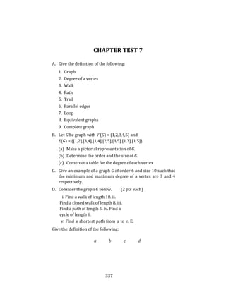 337
CHAPTER TEST 7
A. Give the definition of the following:
1. Graph
2. Degree of a vertex
3. Walk
4. Path
5. Trail
6. Parallel edges
7. Loop
8. Equivalent graphs
9. Complete graph
B. Let G be graph with V (G) = {1,2,3,4,5} and
E(G) = {[1,2],[3,4],[1,4],[2,5],[3,5],[1,3],[1,5]}.
(a) Make a pictorial representation of G.
(b) Determine the order and the size of G.
(c) Construct a table for the degree of each vertex
C. Give an example of a graph G of order 6 and size 10 such that
the minimum and maximum degree of a vertex are 3 and 4
respectively.
D. Consider the graph G below. (2 pts each)
i. Find a walk of length 10. ii.
Find a closed walk of length 8. iii.
Find a path of length 5. iv. Find a
cycle of length 6.
v. Find a shortest path from a to e. E.
Give the definition of the following:
a b c d.
 