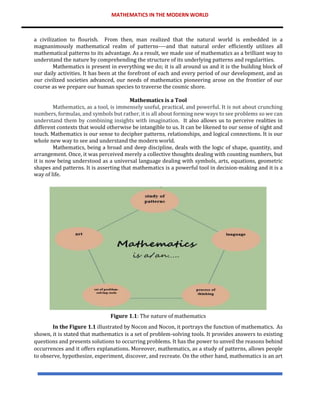 MATHEMATICS IN THE MODERN WORLD
a civilization to flourish. From then, man realized that the natural world is embedded in a
magnanimously mathematical realm of patterns----and that natural order efficiently utilizes all
mathematical patterns to its advantage. As a result, we made use of mathematics as a brilliant way to
understand the nature by comprehending the structure of its underlying patterns and regularities.
Mathematics is present in everything we do; it is all around us and it is the building block of
our daily activities. It has been at the forefront of each and every period of our development, and as
our civilized societies advanced, our needs of mathematics pioneering arose on the frontier of our
course as we prepare our human species to traverse the cosmic shore.
Mathematics is a Tool
Mathematics, as a tool, is immensely useful, practical, and powerful. It is not about crunching
numbers, formulas, and symbols but rather, it is all about forming new ways to see problems so we can
understand them by combining insights with imagination. It also allows us to perceive realities in
different contexts that would otherwise be intangible to us. It can be likened to our sense of sight and
touch. Mathematics is our sense to decipher patterns, relationships, and logical connections. It is our
whole new way to see and understand the modern world.
Mathematics, being a broad and deep discipline, deals with the logic of shape, quantity, and
arrangement. Once, it was perceived merely a collective thoughts dealing with counting numbers, but
it is now being understood as a universal language dealing with symbols, arts, equations, geometric
shapes and patterns. It is asserting that mathematics is a powerful tool in decision-making and it is a
way of life.
Figure 1.1: The nature of mathematics
In the Figure 1.1 illustrated by Nocon and Nocon, it portrays the function of mathematics. As
shown, it is stated that mathematics is a set of problem-solving tools. It provides answers to existing
questions and presents solutions to occurring problems. It has the power to unveil the reasons behind
occurrences and it offers explanations. Moreover, mathematics, as a study of patterns, allows people
to observe, hypothesize, experiment, discover, and recreate. On the other hand, mathematics is an art
 