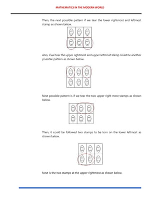 MATHEMATICS IN THE MODERN WORLD
Then, the next possible pattern if we tear the lower rightmost and leftmost
stamp as shown below.
Also, if we tear the upper rightmost and upper leftmost stamp could be another
possible pattern as shown below.
Next possible pattern is if we tear the two upper right most stamps as shown
below.
Then, it could be followed two stamps to be torn on the lower leftmost as
shown below.
Next is the two stamps at the upper rightmost as shown below.
 