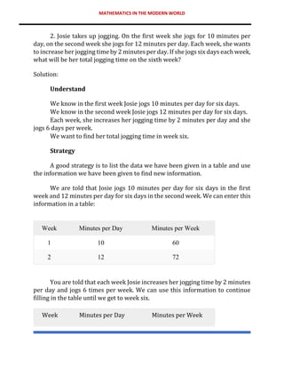 MATHEMATICS IN THE MODERN WORLD
2. Josie takes up jogging. On the first week she jogs for 10 minutes per
day, on the second week she jogs for 12 minutes per day. Each week, she wants
to increase her jogging time by 2 minutes per day. If she jogs six days each week,
what will be her total jogging time on the sixth week?
Solution:
Understand
We know in the first week Josie jogs 10 minutes per day for six days.
We know in the second week Josie jogs 12 minutes per day for six days.
Each week, she increases her jogging time by 2 minutes per day and she
jogs 6 days per week.
We want to find her total jogging time in week six.
Strategy
A good strategy is to list the data we have been given in a table and use
the information we have been given to find new information.
We are told that Josie jogs 10 minutes per day for six days in the first
week and 12 minutes per day for six days in the second week. We can enter this
information in a table:
You are told that each week Josie increases her jogging time by 2 minutes
per day and jogs 6 times per week. We can use this information to continue
filling in the table until we get to week six.
Week Minutes per Day Minutes per Week
Week Minutes per Day Minutes per Week
1 10 60
2 12 72
 
