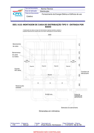 Tipo de Documento: 
Área de Aplicação: 
Título do Documento: 
DES. 8-2/2- MONTAGEM DE CAIXA DE DISTRIBUIÇÃO TIPO V - ENTRADA POR 
BAIXO 
150 
(mín.) 
A distribuição dos cabos ao longo dos barramentos é apenas ilustrativa, podendo o 
projetista reposicioná-los (cabos) para uma melhor distribuição da corrente elétrica. 
150 
(mín.) 
2000 
Neutro 
Disjuntor 
Disjuntor 
X X 
R=500 mín. Caixa de 
Dimensões em milímetros 
inspeção de 
aterramento 
Eletroduto de aterramento 
Barramentos 
Suporte 
dos cabos 
Nível do piso 
acabado 
Disjuntor 
N.Documento: Categoria: Versão: Aprovado por: Data Publicação: Página: 
Condutor de 
600 500 
X 
aterramento 
475 275 275 
Disjuntor 
475 
Barramentos 
de cobre 
de cobre 
ou Cabos 
Norma Técnica 
Distribuição 
Fornecimento de Energia Elétrica a Edifícios de uso 
Coletivo 
119 Manual 2.7 Paulo Ricardo Bombassaro 11/07/2014 102 de 166 
IMPRESSÃO NÃO CONTROLADA 
 