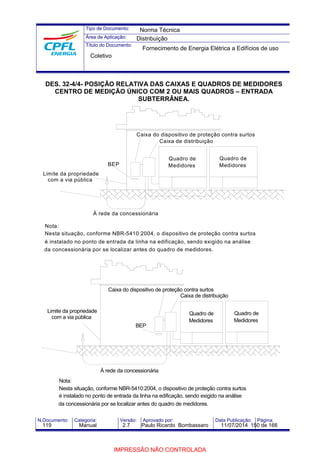 Tipo de Documento: 
Área de Aplicação: 
Título do Documento: 
Norma Técnica 
Distribuição 
Fornecimento de Energia Elétrica a Edifícios de uso 
Coletivo 
DES. 32-4/4- POSIÇÃO RELATIVA DAS CAIXAS E QUADROS DE MEDIDORES 
CENTRO DE MEDIÇÃO ÚNICO COM 2 OU MAIS QUADROS – ENTRADA 
SUBTERRÂNEA. 
BEP 
Limite da propriedade 
com a via pública 
Nota: 
Caixa do dispositivo de proteção contra surtos 
Quadro de 
Medidores 
Caixa de distribuição 
Quadro de 
Medidores 
À rede da concessionária 
Nesta situação, conforme NBR-5410:2004, o dispositivo de proteção contra surtos 
é instalado no ponto de entrada da linha na edificação, sendo exigido na análise 
da concessionária por se localizar antes do quadro de medidores. 
Caixa do dispositivo de proteção contra surtos 
BEP 
Limite da propriedade 
com a via pública 
Nota: 
Quadro de 
Medidores 
À rede da concessionária 
Caixa de distribuição 
Quadro de 
Medidores 
Nesta situação, conforme NBR-5410:2004, o dispositivo de proteção contra surtos 
é instalado no ponto de entrada da linha na edificação, sendo exigido na análise 
da concessionária por se localizar antes do quadro de medidores. 
N.Documento: Categoria: Versão: Aprovado por: Data Publicação: Página: 
119 Manual 2.7 Paulo Ricardo Bombassaro 11/07/2014 150 de 166 
IMPRESSÃO NÃO CONTROLADA 
 