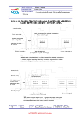 Tipo de Documento: 
Área de Aplicação: 
Título do Documento: 
DES. 33-1/6- POSIÇÃO RELATIVA DAS CAIXAS E QUADROS DE MEDIDORES 
VÁRIOS CENTROS DE MEDIÇÃO – ENTRADA AÉREA. 
Caixa do dispositivo de proteção contra surtos 
Ponto de entrega Caixa de distribuição 
BEP 
Poste particular 
limite de propriedade 
com a via publica 
Eletroduto do ramal 
de entrada 
Caixa de passagem 
Nota: 
Centro de Medição 2 
Quadro de 
Medidores 
Centro de Medição 1 
(mais próximo ao ponto de entrega) 
Nesta situação, conforme NBR-5410:2004, o dispositivo de proteção contra surtos 
é instalado no ponto de entrada da linha na edificação, sendo exigido na análise 
da concessionária por se localizar antes do quadro de medidores. 
Quadro de 
Medidores 
BEP 
Nota: 
Quadro de 
Caixa de distribuição 
Quadro de 
Nesta situação, conforme NBR-5410:2004, o dispositivo de proteção contra surtos 
é instalado no ponto de entrada da linha na edificação, sendo exigido na análise 
da concessionária por se localizar antes do quadro de medidores. 
N.Documento: Categoria: Versão: Aprovado por: Data Publicação: Página: 
Quadro de 
Medidores 
Quadro de 
Medidores 
Centro de Medição 2 
Medidores 
Medidores 
Centro de Medição 1 
(mais próximo ao ponto de entrega) 
Caixa de passagem 
Caixa do dispositivo de proteção contra surtos 
Poste particular 
Ponto de entrega 
limite de propriedade 
com a via publica 
Eletroduto do ramal 
de entrada 
Norma Técnica 
Distribuição 
Fornecimento de Energia Elétrica a Edifícios de uso 
Coletivo 
119 Manual 2.7 Paulo Ricardo Bombassaro 11/07/2014 151 de 166 
IMPRESSÃO NÃO CONTROLADA 
 