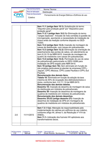 Tipo de Documento: 
Área de Aplicação: 
Título do Documento: 
Norma Técnica 
Distribuição 
Fornecimento de Energia Elétrica a Edifícios de uso 
Item 11.1 (antigo Item 10.1)- Substituição do termo 
"disjuntor para proteção geral" por "dispositivo para 
proteção geral". 
Item 11.2.1 (antigo Item 10.2.1)- Eliminação do termo 
“cargas especiais”. Inclusão de nota correlata à questão da 
microgeração, apontando a necessidade de instalação de 
chave antes da medição conforme disposto no GED- 
15303. 
Item 13.2 (antigo Item 12.2)- Inserção de montagem de 
caixas de distribuição, com caixas em policarbonato. 
Item 13.3 (antigo item 12.3)- Eliminação da orientação de 
estanhamento das pontas de cabos, em atendimento ao 
item 6.2.8.10 da NBR-5410. Inserção de montagem de 
quadro de medidores com caixas em policarbonato. 
Item 13.4 (antigo Item 12.4)- Permissão de uso de caixa 
de policarbonato padronizada no GED-14586 para 
instalação de DPS exigido pela NBR-5410. 
Item 19 (antigo item 18)- Item eliminado em função do 
site projetos particulares já atender às empresas CPFL-Jaguari, 
CPFL-Mococa, CPFL-Leste Paulista e CPFL-Sul 
Paulista. 
Renumeração dos demais itens. 
Tabela 18: Eliminada em função da adoção da taxa 
máxima de 40% de ocupação dos eletrodutos/tubos e 
dutos, conforme item 6.2.11.1.6 da NBR-5410. 
Renumeração das demais tabelas. 
Desenho 10- Inserção de desenho de montagem de caixa 
de distribuição em módulos de policarbonato. 
Desenho 30- Inserção de desenhos de montagens de 
quadros de medidores em módulos de policarbonato. 
Renumeração dos demais desenhos. 
Desenho 35-2/2 (antigo desenho 27)- Inserção de 
desenhos de instalação de DPS em montagens de 
quadros de medidores em módulos de policarbonato. 
Coletivo 
2.6 11/11/2013 
Item 7.3.1.1(a)- Alteração da responsabilidade pela 
implementação de cabines em edifícios de uso coletivo, 
conforme artigo 44, alínea V, da Resolução nº 414 da 
ANEEL. 
Item 11.1- Indicação dos fusíveis HH aplicáveis aos 
transformadores secos. 
N.Documento: Categoria: Versão: Aprovado por: Data Publicação: Página: 
119 Manual 2.7 Paulo Ricardo Bombassaro 11/07/2014 166 de 166 
IMPRESSÃO NÃO CONTROLADA 
