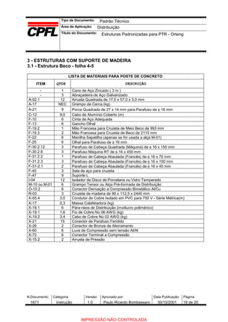 Tipo de Documento:
Área de Aplicação:
Título do Documento:
N.Documento: Categoria: Versão: Aprovado por: Data Publicação: Página:
3 - ESTRUTURAS COM SUPORTE DE MADEIRA
3.1 - Estrutura Beco - folha 4-5
LISTA DE MATERIAIS PARA POSTE DE CONCRETO
ITEM QTDE DESCRIÇÃO
- 1 Cano de Aço Zincado ( 3 m )
- 3 Abraçadeira de Aço Galvanizado
A-02.1 12 Arruela Quadrada de 17,5 x 57,0 x 3,0 mm
A-17 NEC Grampo de Cerca (kg)
A-21 9 Porca Quadrada de 27 x 14 mm para Parafuso de φ 16 mm
C-12 9,0 Cabo de Alumínio Coberto (m)
F-10 6 Cinta de Aço Adequada
F-13 6 Gancho Olhal
F-19.2 1 Mão Francesa para Cruzeta de Meio Beco de 993 mm
F-19.3 2 Mão Francesa para Cruzeta de Beco de 2110 mm
F-22 6 Manilha Sapatilha (apenas se for usada a alça M-01)
F-25 6 Olhal para Parafuso de φ 16 mm
F-30.2.12 3 Parafuso de Cabeça Quadrada (Máquina) de φ 16 x 150 mm
F-30.2.8 3 Parafuso Máquina RT de φ 16 x 450 mm
F-31.2.2 1 Parafuso de Cabeça Abaulada (Francês) de φ 16 x 70 mm
F-31.2.3 3 Parafuso de Cabeça Abaulada (Francês) de φ 16 x 150 mm
F-31-2.1 2 Parafuso de Cabeça Abaulada (Francês) de φ 16 x 45 mm
F-45 3 Sela de aço para cruzeta
F-47 9 Suporte L
I-04 12 Isolador de Disco de Porcelana ou Vidro Temperado
M-10 ou M-01 6 Grampo Tensor ou Alça Pré-formada de Distribuição
O-10.2 6 Conector Derivação a Compressão Bimetálico Al/Cu
R-03 3 Cruzeta de madeira de 90 x 112,5 x 2440 mm
X-05.4 3,0 Condutor de Cobre Isolado em PVC para 750 V - Série Métrica(m)
X-17 0,3 Massa Calafetadora (kg)
X-18.1 6 Pára-raios de Distribuição (invólucro polimérico)
X-19.1 1,6 Fio de Cobre Nú 06 AWG (kg)
X-19.2 3,4 Cabo de Cobre Nú 02 AWG (kg)
X-21 15 Conector de Parafuso Fendido
X-26 2 Conector de Bronze de Aterramento
X-60 6 Luva de Compressão sem tensão Al/Al
X-72 6 Conector Terminal a Compressão
X-15.2 2 Arruela de Pressão
Padrão Técnico
Distribuição
Estruturas Padronizadas para PTR - Orteng
1671 Instrução 1.0 Paulo Ricardo Bombassaro 30/10/2001 19 de 20
IMPRESSÃO NÃO CONTROLADA
 