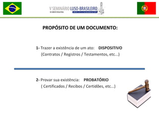 1- Trazer a existência de um ato: DISPOSITIVO
(Contratos / Registros / Testamentos, etc...)
2- Provar sua existência: PROBATÓRIO
( Certificados / Recibos / Certidões, etc...)
PROPÓSITO DE UM DOCUMENTO:
 
