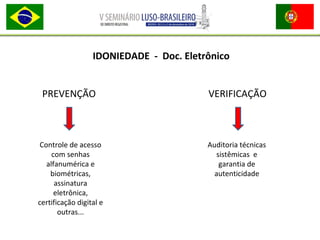 IDONIEDADE - Doc. Eletrônico
PREVENÇÃO VERIFICAÇÃO
Controle de acesso
com senhas
alfanumérica e
biométricas,
assinatura
eletrônica,
certificação digital e
outras...
Auditoria técnicas
sistêmicas e
garantia de
autenticidade
 