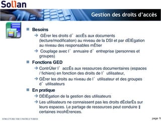 Gestion des droits d’accès Besoins Gérer les droits d’accès aux documents (lecture/modification) au niveau de la DSI et par délégation au niveau des responsables métier Couplage avec l’annuaire d’entreprise (personnes et groupes) Fonctions GED Contrôler l’accès aux ressources documentaires (espaces / fichiers) en fonction des droits de l’utilisateur, Gérer les droits au niveau de l’utilisateur et des groupes d’utilisateurs En pratique Délégation de la gestion des utilisateurs Les utilisateurs ne connaissent pas les droits déclarés sur leurs espaces. Le partage de ressources peut conduire à certaines incohérences. 