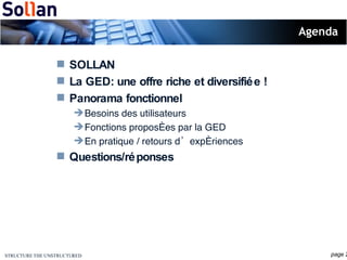 Agenda SOLLAN La GED: une offre riche et diversifiée ! Panorama fonctionnel Besoins des utilisateurs Fonctions proposées par la GED En pratique / retours d’expériences Questions/réponses 