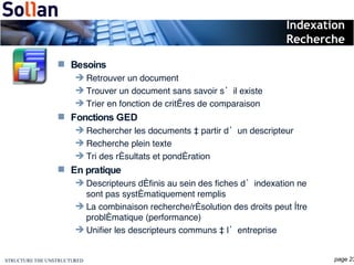 Indexation Recherche Besoins Retrouver un document Trouver un document sans savoir s’il existe Trier en fonction de critères de comparaison Fonctions GED Rechercher les documents à partir d’un descripteur Recherche plein texte Tri des résultats et pondération En pratique Descripteurs définis au sein des fiches d’indexation ne sont pas systématiquement remplis La combinaison recherche/résolution des droits peut être problématique (performance) Unifier les descripteurs communs à l’entreprise  