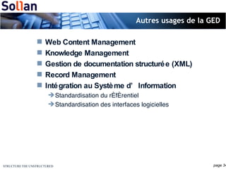 Autres usages de la GED Web Content Management Knowledge Management Gestion de documentation structurée (XML) Record Management Intégration au Système d’Information Standardisation du référentiel Standardisation des interfaces logicielles 