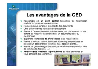 Les avantages de la GEDLes avantages de la GED
Rassemble en un point central l'ensemble de l'information
produite ou reçue par une entreprise
Recherche plus simple et plus rapide des documents
Offre plus de liberté au niveau du classement
Permet à l’ensemble de vos collaborateurs, sur place ou sur un site
distant, de retrouver instantanément un document papier ou
électronique
Supprime les tâches de photocopies et de reclassement
Permet d’indexer, classer et diffuser automatiquement toutes les
pièces d’un dossier client (courrier, mail, dossiers clients,…)
Permet de gérer de façon électronique les circuits de validation (bon
de commande, factures, …)
Améliore très fortement la productivité de votre entreprise en
vous générant des économies
 