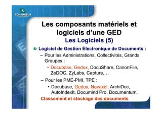 Logiciel de Gestion Électronique de Documents :
– Pour les Administrations, Collectivités, Grands
Groupes :
• Docubase, Gedox, DocuShare, CanonFile,
ZeDOC, ZyLabs, Capture,…
– Pour les PME-PMI, TPE :
• Docubase, Gedox, Novaxel, ArchiDoc,
AutoIndexIt, Documind Pro, Documentum,
…
Les composants matLes composants matéériels etriels et
logiciels dlogiciels d’’une GEDune GED
Les Logiciels (5)
Classement et stockage des documents
 