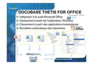 DOCUBASE THETIS FOR OFFICE
Intégration à la suite Microsoft Office
Classement à partir de l’explorateur Windows
Classement à partir des applications bureautiques
Scrutation automatique des répertoires
 