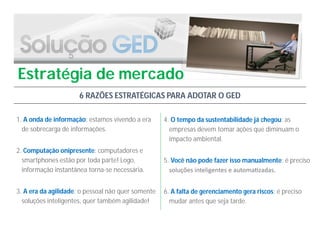 Estratégia de mercado
                      6 RAZÕES ESTRATÉGICAS PARA ADOTAR O GED

1. A onda de informação: estamos vivendo a era      4. O tempo da sustentabilidade já chegou: as
  de sobrecarga de informações.                       empresas devem tomar ações que diminuam o
                                                      impacto ambiental.
2. Computação onipresente: computadores e
  smartphones estão por toda parte! Logo,           5. Você não pode fazer isso manualmente: é preciso
  informação instantânea torna-se necessária.         soluções inteligentes e automa zadas.


3. A era da agilidade: o pessoal não quer somente   6. A falta de gerenciamento gera riscos: é preciso
  soluções inteligentes, quer também agilidade!       mudar antes que seja tarde.
 