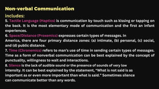 Non-verbal Communication
includes:
5. Tactile Language (Haptics) is communication by touch such as kissing or tapping on
the back. It is the most elementary mode of communication and the first an infant
experiences.
6. Space/Distance (Proxemics) expresses certain types of messages. In
America, there are four primary distance zones: (a) intimate, (b) personal, (c) social,
and (d) public distance.
7. Time (Chronemics) refers to man’s use of time in sending certain types of messages.
Time as a form of nonverbal communication can be best explained by the concept of
punctuality, willingness to wait and interactions.
8. Silence is the lack of audible sound or the presence of sounds of very low
intensity. It can be best explained by the statement, “What is not said is as
important as or even more important than what is said.” Sometimes silence
can communicate better than any words.
 