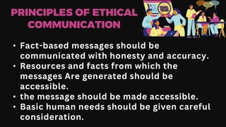 PRINCIPLES OF ETHICAL
COMMUNICATION
• Fact-based messages should be
communicated with honesty and accuracy.
• Resources and facts from which the
messages Are generated should be
accessible.
• the message should be made accessible.
• Basic human needs should be given careful
consideration.
 