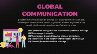 GLOBAL
COMMUNICATION
global communication can be defined just as any communication can:
a message is sent from one person or group to another anywhere in the
world, which can be described as a five-step process:
(1) A person or an organization in one country sends a message.
(2) The message is encoded.
(3) The message travels through a channel or medium.
(4) The receiver in the other country decodes the message
(5) The recipients received the message.
 