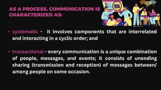 AS A PROCESS, COMMUNICATION IS
CHARACTERIZED AS:
• systematic - it involves components that are interrelated
and interacting in a cyclic order; and
• transactional - every communication is a unique combination
of people, messages, and events; it consists of unending
sharing (transmission and reception) of messages between/
among people on some occasion.
 