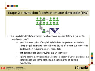 • Un candidat d’Entrée express peut recevoir une invitation à présenter 
une demande s’il : 
– possède une offre d’emploi valide d’un employeur canadien 
(emploi qui doit faire l’objet d’une étude d’impact sur le marché 
du travail en vigueur à ce moment-là); 
– est désigné par une province ou un territoire; 
– figure parmi les mieux classés dans le bassin d’Entrée express en 
fonction de ses compétences, de sa scolarité et de son 
expérience. 
11 
Étape 2 : Invitation à présenter une demande (IPD) 
 