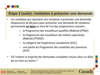 • Les candidats qui reçoivent une invitation à présenter une demande 
disposeront de 60 jours pour présenter une demande de résidence 
permanente en ligne au titre de l’un des programmes suivants : 
– le Programme des travailleurs qualifiés (fédéral) (PTQF); 
– le Programme des travailleurs de métiers spécialisés 
(fédéral) (PTMSF); 
– la catégorie de l’expérience canadienne (CEC); 
– une partie du Programme des candidats des provinces 
(PCP). 
• CIC traitera la majorité des demandes complètes reçues dans un délai 
de six mois ou moins.* 
12 
Étape 2 (suite) : Invitation à présenter une demande 
*Dans la majorité des cas, à partir du moment où CIC reçoit une 
demande complète de résidence permanente. 
 