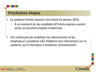 • Le système Entrée express sera lancé en janvier 2015. 
- À ce moment-là, les candidats d’Entrée express auront 
accès au Guichet emplois modernisé. 
• CIC continuera de mobiliser les intervenants et les 
employeurs canadiens afin d’obtenir leur rétroaction sur le 
système, qu’il cherchera à améliorer constamment. 
15 
Prochaines étapes 
 