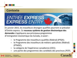 En janvier 2015, les travailleurs étrangers qualifiés pourront se prévaloir 
d’Entrée express. Ce nouveau système de gestion électronique des 
demandes s’appliquera aux principaux programmes 
d’immigration économique du Canada, à savoir : 
– le Programme des travailleurs qualifiés (fédéral) (PTQF); 
– le Programme des travailleurs de métiers spécialisés (fédéral) 
(PTMSF); 
– la catégorie de l’expérience canadienne (CEC); 
– une partie des programmes des candidats des provinces (PCP). 
2 
Contexte 
 