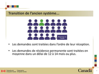 4 
Transition de l’ancien système... 
• Les demandes sont traitées dans l’ordre de leur réception. 
• Les demandes de résidence permanente sont traitées en 
moyenne dans un délai de 12 à 14 mois ou plus. 
 