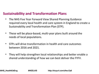 Sustainability and Transformation Plans
• The NHS Five Year Forward View Shared Planning Guidance
required every local health and care system in England to create a
Sustainability and Transformation Plan (STP).
• These will be place-based, multi-year plans built around the
needs of local populations.
• STPs will drive transformation in health and care outcomes
between 2016 and 2021.
• They will help strengthen local relationships and better enable a
shared understanding of how we can best deliver the FYFV.
@NHS_HealthEdEng #HEELKS http://tinyurl.com/zfwu7p6
 