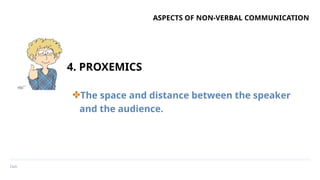 Date
ASPECTS OF NON-VERBAL COMMUNICATION
✤The space and distance between the speaker
and the audience.
4. PROXEMICS
 