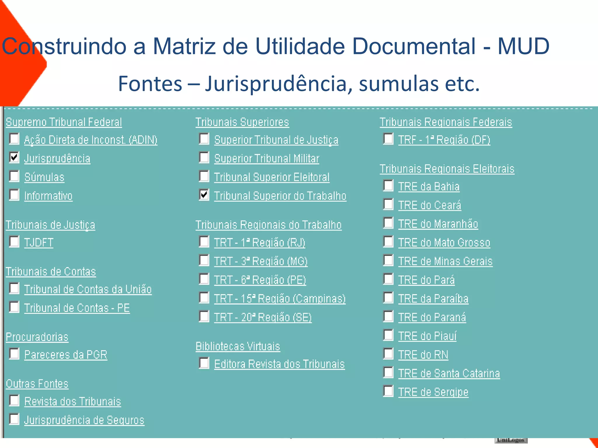Construindo a Matriz de Utilidade Documental - MUD
          Fontes – Jurisprudência, sumulas etc.
 