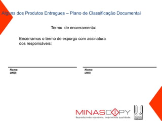 Alguns dos Produtos Entregues – Plano de Classificação Documental


                           Termo de encerramento:

           Encerramos o termo de expurgo com assinatura
           dos responsáveis:




   Nome:                                    Nome:
   UNO:                                     UNO
 