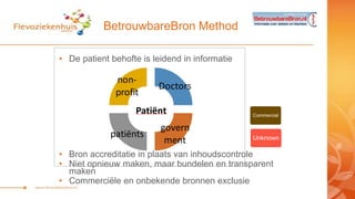 Wat is een BetrouwbareBron?
•
•
•
•
•

Landelijk en Nederlandstalig
Niet commercieel
Over gezondheid en ziekte
Patiëntgeri...