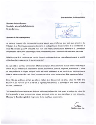 Commission de vérification: Lettre responsive de Maitre Gédéon Jean
