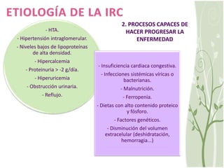 ETIOLOGÍA DE LA IRC <br />Enfermedades renales primarias:<br />Glomerulonefritisextracapilar: tipos I, II y III. <br />Glo...