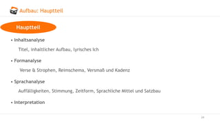 Aufbau: Hauptteil
24
• Inhaltsanalyse
Titel, inhaltlicher Aufbau, lyrisches Ich
• Formanalyse
Verse & Strophen, Reimschema, Versmaß und Kadenz
• Sprachanalyse
Auffälligkeiten, Stimmung, Zeitform, Sprachliche Mittel und Satzbau
• Interpretation
Hauptteil
 