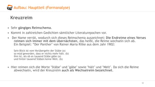 Aufbau: Hauptteil (Formanalyse)
32
Kreuzreim
• Sehr gängiges Reimschema.
• Kommt in zahlreichen Gedichten sämtlicher Literaturepochen vor.
• Der Name verrät, wodurch sich dieses Reimschema auszeichnet: Die Endreime eines Verses
reimen sich immer mit dem übernächsten, das heißt, die Reime wechseln sich ab.
Ein Beispiel: “Der Panther" von Rainer Maria Rilke aus dem Jahr 1902:
Sein Blick ist vom Vorübergehn der Stäbe (a)
so müd geworden, dass er nichts mehr hält. (b)
Ihm ist, als ob es tausend Stäbe gäbe (a)
und hinter tausend Stäben keine Welt. (b)
• Hier reimen sich die Worte "Stäbe" und "gäbe" sowie "hält" und "Welt". Da sich die Reime
abwechseln, wird der Kreuzreim auch als Wechselreim bezeichnet.
 