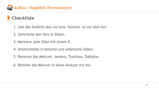 Aufbau: Hauptteil (Formanalyse)
49
Checkliste
1. Lies das Gedicht laut vor bzw. flüstere es vor dich her.
2. Unterteile den Vers in Silben.
3. Markiere jede Silbe mit einem X.
4. Unterscheide in betonte und unbetonte Silben.
5. Benenne das Metrum: Jambus, Trochäus, Daktylus.
6. Beziehe das Metrum in deine Analyse mit ein.
 