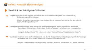 Aufbau: Hauptteil (Sprachanalyse)
55
Überblick der häufigsten Stilmittel
Anapher: Gleicher Satzanfang oder gleiches Satzteil. Funktionen von Anaphern sind Strukturierung,
Rhythmisierung und Verstärkung.
Beispiel: Ja, da kann man sich doch nur hinlegen, ja, da muss man kalt und herzlos sein. (Bertolt
Brecht, "Die Dreigroschenoper“)
Alliteration: Mindestens zwei benachbarte oder aufeinander folgende Wörter beginnen mit demselben
Buchstaben. Alliterationen dienen dazu, die Worte besonders zu betonen oder hervorzuheben.
Beispiel: Kind und Kegel; "Wir weben, wir weben" (Heinrich Heine, "Die schlesischen Weber“)
Tautologie: Sie drückt einen Sachverhalt doppelt aus. Durch die eigentlich unnötige Dopplung wirkt die Tautologie
verstärkend und rückt die Wichtigkeit des Gesagten in den Vordergrund.
Beispiel: Ein kleines Baby (der Begriff Baby impliziert ja bereits, dass es klein ist), weißer Schimmel.
 
