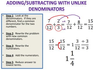 • Step 1: Look at the
  denominators. If they are
  different, find a common
  denominator for the two
                                x4
                                     7   8
  numbers.
                                x4
• Step 2: Rewrite the problem
  with new common
  denominators.

• Step 3: Rewrite the
  numerators.

• Step 4: Add the numerators.

• Step 5: Reduce answer to
  lowest terms.
 