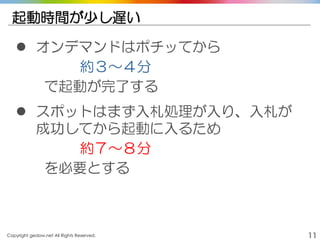 Copyright gedow.net All Rights Reserved. 11
起動時間が少し遅い
 オンデマンドはポチッてから
約３～４分
で起動が完了する
 スポットはまず入札処理が入り、入札が
成功してから起動に入るため
約７～８分
を必要とする
 
