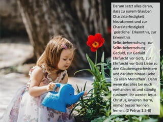 Darum setzt alles daran,
dass zu eurem Glauben
Charakterfestigkeit
hinzukommt und zur
Charakterfestigkeit
´geistliche` Erkenntnis, zur
Erkenntnis
Selbstbeherrschung, zur
Selbstbeherrschung
Geduld, zur Geduld
Ehrfurcht vor Gott, zur
Ehrfurcht vor Gott Liebe zu
den Glaubensgeschwistern
und darüber hinaus Liebe
´zu allen Menschen`. Denn
wenn das alles bei euch
vorhanden ist und ständig
zunimmt, ihr werdet Jesus
Christus, unseren Herrn,
immer besser kennen
lernen. (2 Petrus 1:5-8)
 