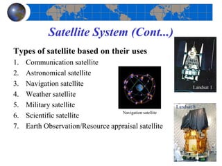 Satellite System (Cont...)
Types of satellite based on their uses
1. Communication satellite
2. Astronomical satellite
3. Navigation satellite
4. Weather satellite
5. Military satellite
6. Scientific satellite
7. Earth Observation/Resource appraisal satellite
Navigation satellite
Landsat 1
Landsat 8
 