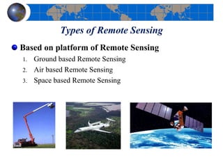 Types of Remote Sensing
Based on platform of Remote Sensing
1. Ground based Remote Sensing
2. Air based Remote Sensing
3. Space based Remote Sensing
 