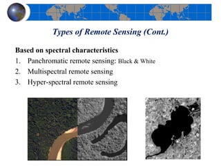 Types of Remote Sensing (Cont.)
Based on spectral characteristics
1. Panchromatic remote sensing: Black & White
2. Multispectral remote sensing
3. Hyper-spectral remote sensing
 